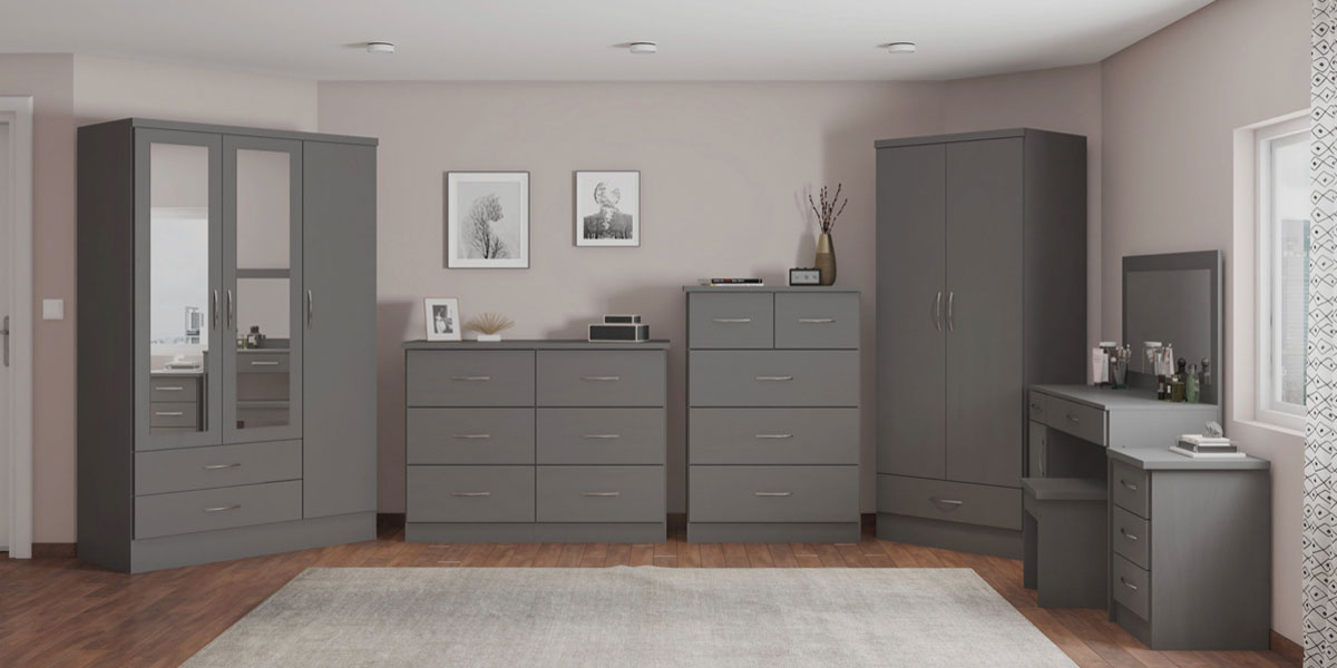 Grey modern bedroom furniture at Wrexham home