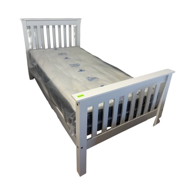 high footed shark wooden bed with reliant mattress 