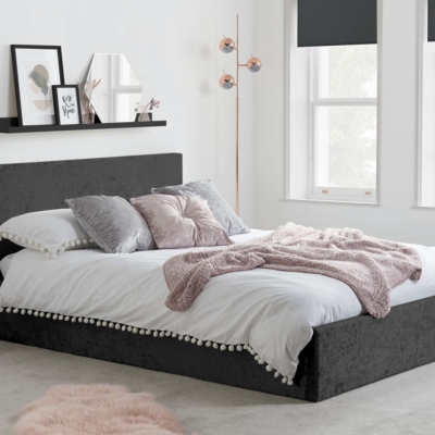 Flat headboard ottoman bed black crushed velvet 