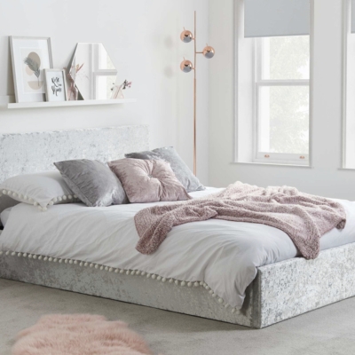 Flat headboard ottoman bed crushed velvet grey 