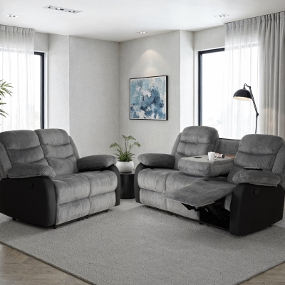 Ronan 3+2 reclining chairs grey cord fabric and faux black leather 